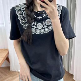 Women's T Shirts Retro Ethnic Style Pattern Hollowed Out Embroidery Chic Design Black Cotton T-Shirt Top Women Spring Summer 2024