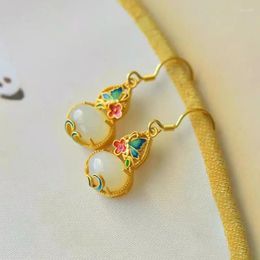 Dangle Earrings Natural An Jade White Gourd For Women Ancient Gold Craft Enamel Butterfly Exquisite Chinese Style Earings Jewellery