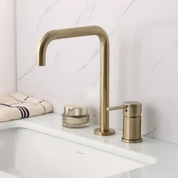 Bathroom Sink Faucets All-copper Brushed Gold Basin Faucet Double-hole Split And Cold Wash Face Hand