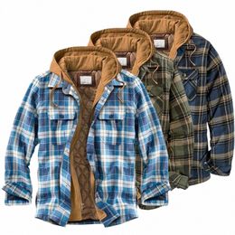 cott Flannel Shirt Jacket with Hood Mens Lg Sleeve Quilted Lined Plaid Coat Butt Down Thick Hoodie Outwear E8MC#