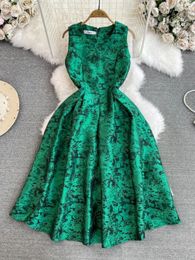 Casual Dresses Women Elegant Green Jacquard Dress Summer Round Neck Slim A-line Sleeveless Party Ladies Vintage High Waist Long Robe