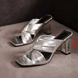 Slippers Slippers JMPRS Womens Cross Belt ig eels Slide 2022 Summer Luxury Gold Square Toe Sandals Designer Transparent H2403263TLZ