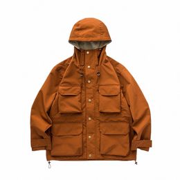 orange Functial Outdoor Jacket Unisex High Quality Campus Casual Windproof Coats New Japanese Original Cargo Hooded Jacket Q1N8#