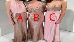 2020 Mermaid Rose Gold Sequined Sparkly Bridesmaid Dresses Mixed Styles Blush Pink Chiffon Floor Length Plus Size Prom Wedding Gue1120690