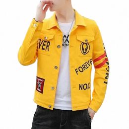 men's Denim Jacket Yellow Short Casual Slim Male Jean Coats with Print Punk Aesthetic Size L Cheap Price Stylish Board New In V9N4#