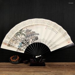 Decorative Figurines Folding Fan Chinese Style Hand-Painted Flower Arrangement Yueyang Building Calligraphy Ancient Ebony Bamboo Core