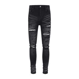 Offamiri Trendy Brand Black Bull lavato e consumato Patchwork Mx1 Jeans slim fit elastici per High Street da uomo
