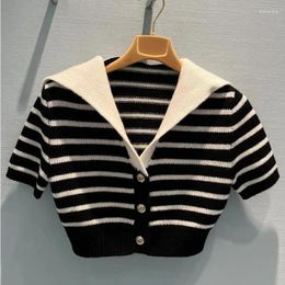 Women's Knits Navy Collar Short Knit Sweater Top Sleeve Slim Striped Single Breasted Cardigan Women Korean Fashion Vintage Clothes 2024