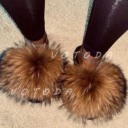 Slippers Slippers Summer womens fur slider fluffy raccoon fox outer flat flip cover rainbow H240327