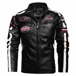 autumn Winter Fleece Men's Motorcycle Leather Jacket Embroidery Racing Coat Windbreaker Outwear Faux Leather Biker Jacket L9Ef#