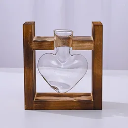 Vases 1 Set Creative Hydroponic Desk Home Decoration Plant Glass Container Small Flower Vase Wooden Frame Heart Shape