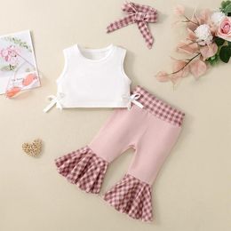 Clothing Sets Born Baby Girl Summer Clothes Solid Color Sleeveless Bow Tank Tops With Plaid Patchwork Flare Pants 2 Pcs Outfit