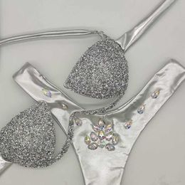 Wholesale Triangle Female Beaded Bikinis Luxury Style Push Up Diamond Decoration Beachwear Set/