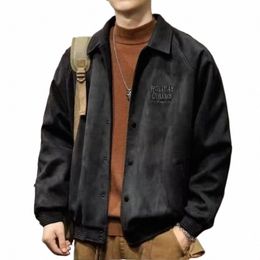 retro Single-breasted Coat Men Suede Jacket Retro Style Mid Length Baseball Coat with Turn-down Collar Single-breasted for Women x1F2#