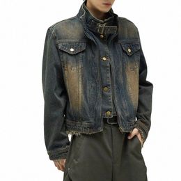 short Japanese Distred Denim Jacket Men Women Retro Fake Two-piece Double Necked Jackets High Street Wide Shoulder Jean Coats n0sT#