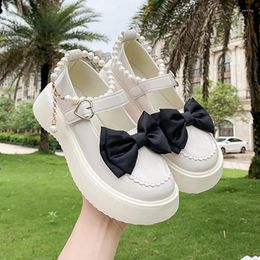 Dress Shoes Black Bowtie Platform Mary Janes Women 2024 Spring Heart Buckle Low Heels Pumps Woman Patent Leather White Lolita