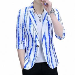 hoo 2023 Men's Spring and Summer Striped Printed One Butt Half Sleeve blazer Youth Striped Middle Sleeve blazers p1Cn#