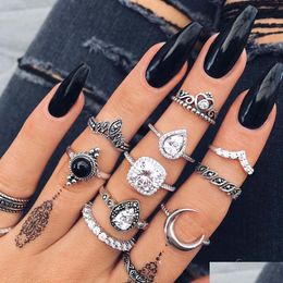 Cluster Rings 10 Styles Bohemian Midi Set For Women Vintage Crystal Zirconia Crescent Crown Bride Wedding Knuckle Finger Fashion Jewe Dheve