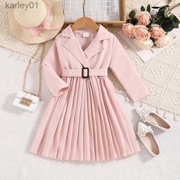 Girl's Dresses Spring Autumn New Dress Kids Girls 4-7 Years Pink Long-Sleeved Suit Collar Pleated Dress For Little Girls Korean Elegant Casual yq240327