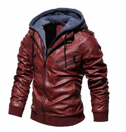 men's PU Leather Jacket Autumn and Winter Plush Fleece Hooded Coat Casual Outerwear W5tY#