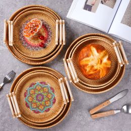 Baskets Rattan Bread Storage Basket Woven Storage Basket Fruit Cake Snacks Round Tray Picnic Basket Hand Woven Rattan Serving Tray