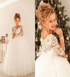 Cute Princess Lace Tulle Flower Girl Dresses For Country Garden Weddings Sheer Long Sleeves Appliques Big Bow Sash Back Girls Form8636773