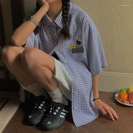 Women's Blouses Women Shirts Loose Casual Retro Short-sleeved Embroidered Bear Plaid Tops Fashion College Style