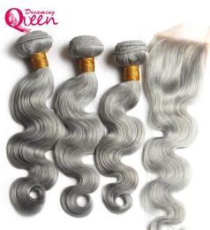 Grey Color Body Wave Ombre Brazilian Virgin Human Hair Bundles Weave Extension 3 Pcs With 4x4 Lace Closure Dreaming Queen Hair6639456