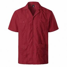 wine Red Four-Pocket Cuban Guayabera Shirt Men Short Sleeve Camp Collar Shirt Male Embroidered Mexican Cigar Wedding Beach Shirt 634b#