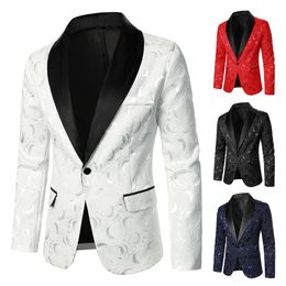 Men Suit Coat Rose Pattern Bright Jacquard Fabric Contrast Colour Collar Party Luxury Design Causal Fashion Slim Fit Men Blazer 240313
