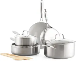 Cookware Sets GreenLife Tri-Ply Stainless Steel Healthy Ceramic Nonstick 10 Piece Pots And Pans Set PFAS-Free Multi Clad