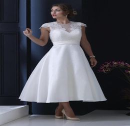 Tea Length Vintage Short Wedding Dresses With Cap Sleeves Lace Satin Skirt Jewel Aline 1950s 60s Vintage Informal Bridal Gowns Sl1413698