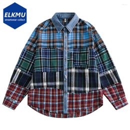 Men's Casual Shirts Men Hip Hop Plaid Broken Patchwork Oversized Long Sleeve Button Up Blouse Harajuku Streetwear Y2K Male