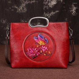 Evening Bags Genuine Leather Women Shoulder Bag Floral Butterfly Pattern Vintage Style Female Handbag Messenger Tote
