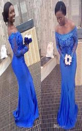 2018 Royal Blue Bridesmaid Dress Bateau Neck Long Sleeves Slim Vintage Lace Appliques Maid of Honour Gowns Full Sequins Wedding Gue8756660