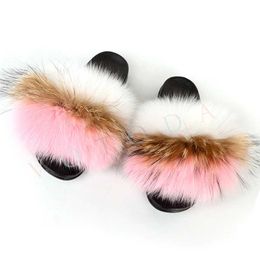 Slippers Slippers Summer womens fur slider fluffy raccoon fox outer flat flip cover rainbow H2403266ARC