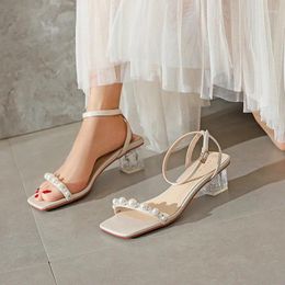 Dress Shoes 2024 Summer Sandals For Women Design Pearls Beading Ankle Straps Glass Transparent High Heels