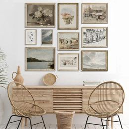 Vintage Gallery Wall Print Lake Cloud Landscape Flower Nordic PostersCanvas Paintings and Prints Living Room Home Decoration 240327