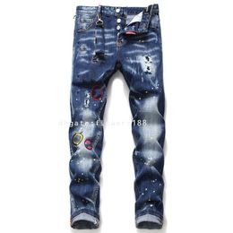 Second Square Red Men's Jeans Fall Winter New Tattered Paint Men's Slim Patches Stretch Jeans Blue Skinny Beggar Pants 1059