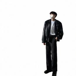 2023 Mens Set Fi Casual Fi PU Leather Jacket+Japanese Harajuku Straight Leg Pants 2-piece Autumn Unisex Trendy Suit e7cy#