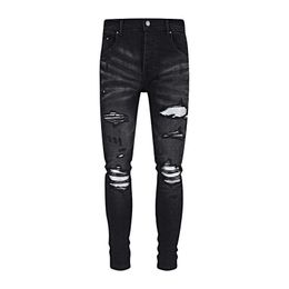 New High Street Fashion Brand Combination Leather Silver Patch with Broken Holes Elastic Slim Fit Wash Black Jeans for Men