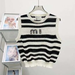 New Contrasting Striped Hollowed Out Knitted Vest for Women's Summer Small Fragrant Style Letter Studded Loose Sleeveless Top