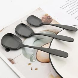 Spoons Plat Bottom Square Rice Dessert Ice Cream Table Black Stainless Steel Spoon For Kids Restaurant Kitchen Tableware 1PC