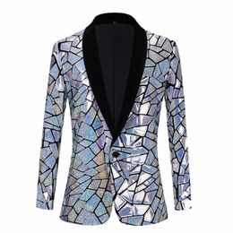 Brilho Sier Espelho Laser Blazer Casaco Masculino Bar Boate Cantor Performance de Palco Lantejoulas Terno Jaqueta Banquete Festa Smoking 283n #