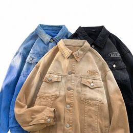 american Retro Gradient Denim Jackets Men's Vintage Loose Casual Wed Workwear High Street Jacket Overcoat Male Clothes u0fN#