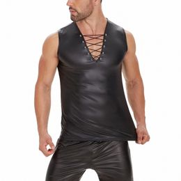 plus Size Mens Shiny Leather Tank Top Adjustable Soft Matte Leather T-Shirts Sleevel Male High Elastic Sha Vest o0p4#