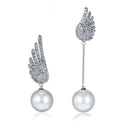 Charm Fashion Lady Angel Wings Crystal Artificial Pearl Pendant Asymmetrical Earrings Marketing Gift Drop Delivery Jewellery Earring Dhb89