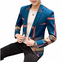 men's Blazer 2021 Fi British Style Ctrast Plaid Stitching Pattern Striped Slim Casual High-quality Men's Clothing Jacket 63Fg#