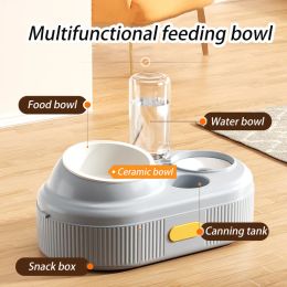 Feeding Pet Dog Cat Food Bowl Automatic Drinking Cat Ceramic With Water Fountain Double Bowls Drinking Raised Stand Dish Bowls For Cats