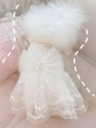 Dog Apparel Handmade Unique Design Clothes Pet Wedding Dress Bridesmaid White Lace Tulle Pearl Bow Outwear Little Fairy Party Princess